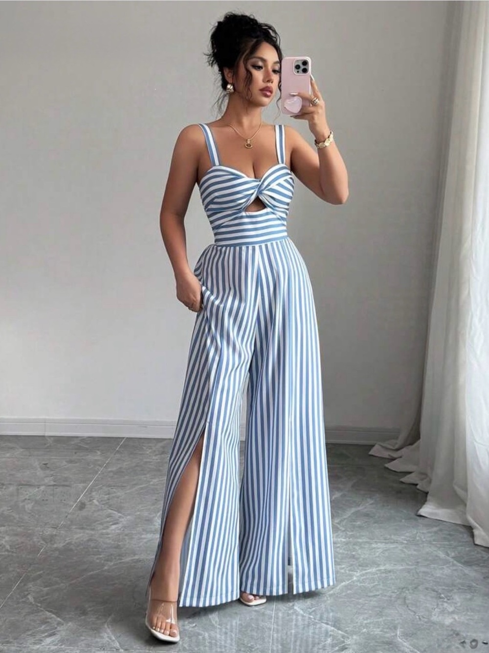 SHEIN Blue & White Striped Wide-Leg Jumpsuit